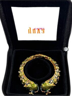 Yuva By Neeru’s Peacock Bracelet Gold Tone Enamel Crystal Hinged Cuff